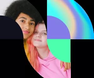 Formas geométricas con los colores Henka y el detalle de dos adolescentes cogiéndose por los hombros